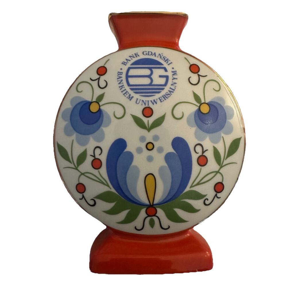 Poland Lubina Pillow Vase-Porcelain Pottery Folk Art Bank Of Gdansk Red Gold 6”